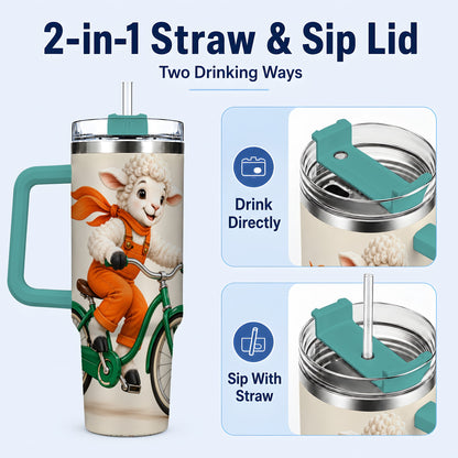 #pl[40oz|Green] Cycling Lamb 40oz Tumbler with Handle, Bicycle Stainless Steel Travel Cup