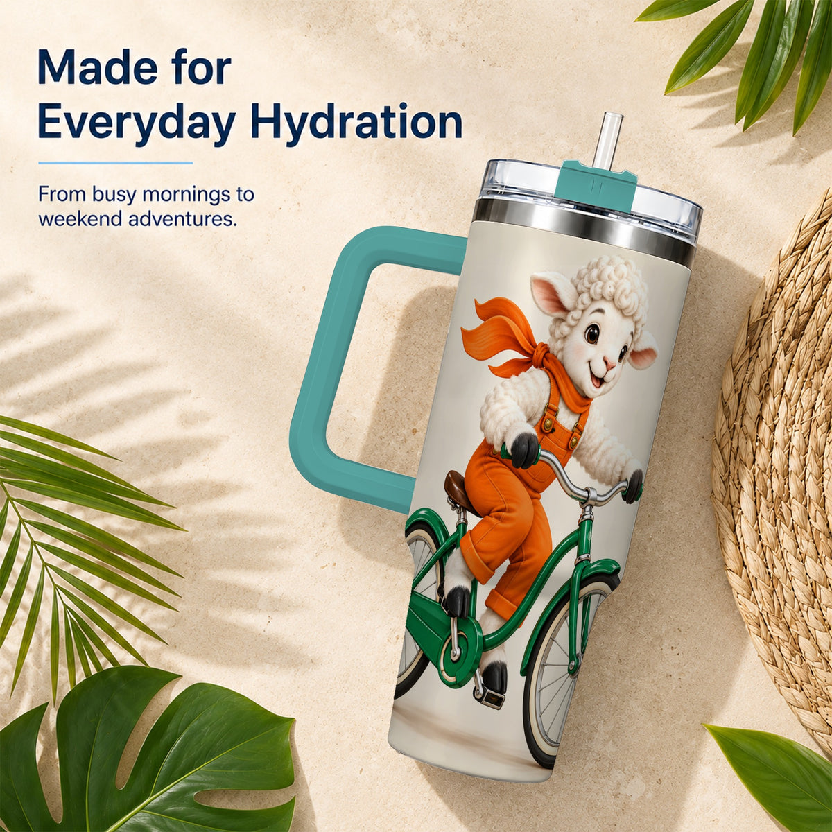 #pl[40oz|Green] Cycling Lamb 40oz Tumbler with Handle, Bicycle Stainless Steel Travel Cup