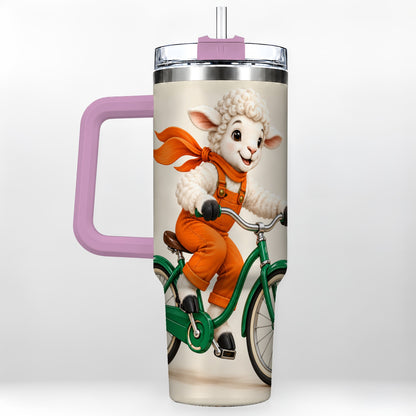 #pl[40oz|Pink] Cycling Lamb 40oz Tumbler with Handle, Bicycle Stainless Steel Travel Cup