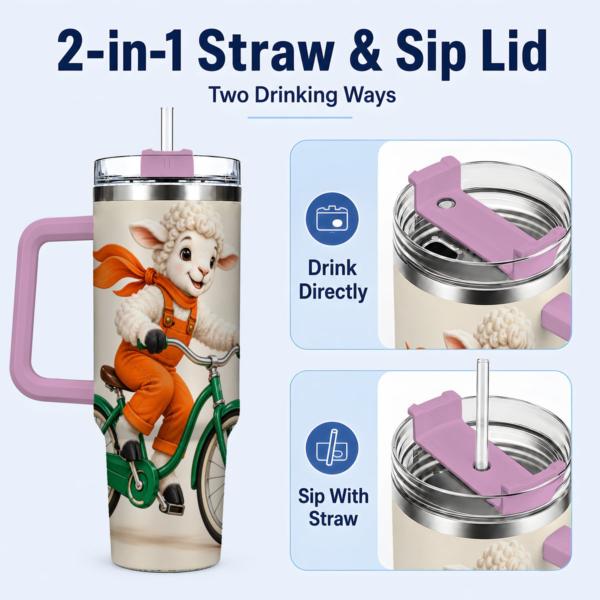 #pl[40oz|Pink] Cycling Lamb 40oz Tumbler with Handle, Bicycle Stainless Steel Travel Cup