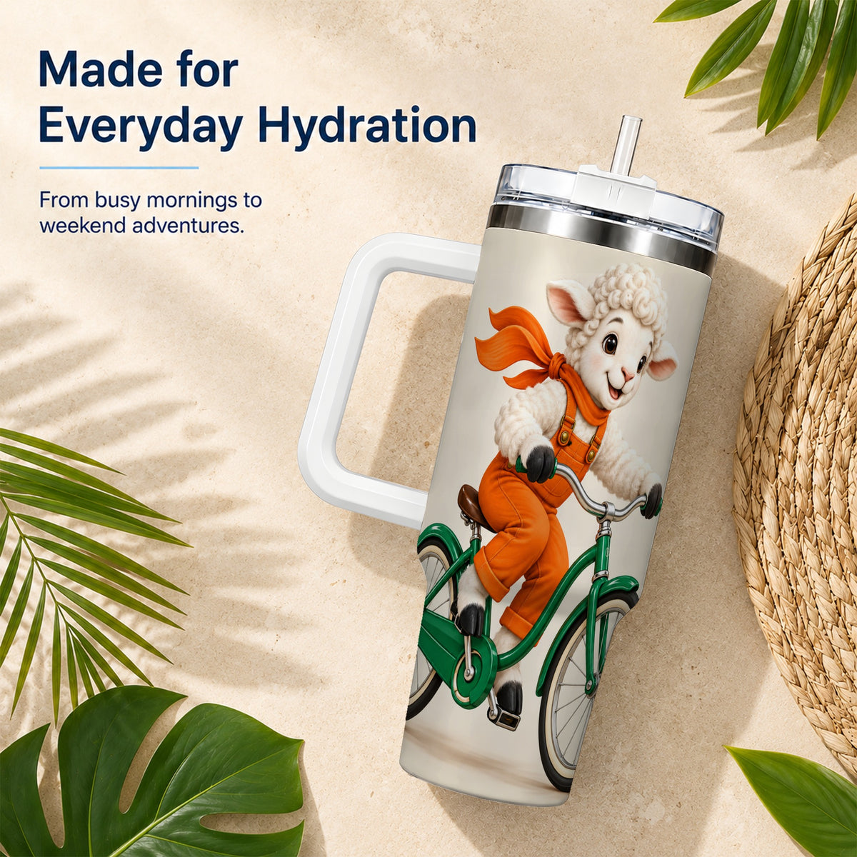 #pl[40oz|White] Cycling Lamb 40oz Tumbler with Handle, Bicycle Stainless Steel Travel Cup