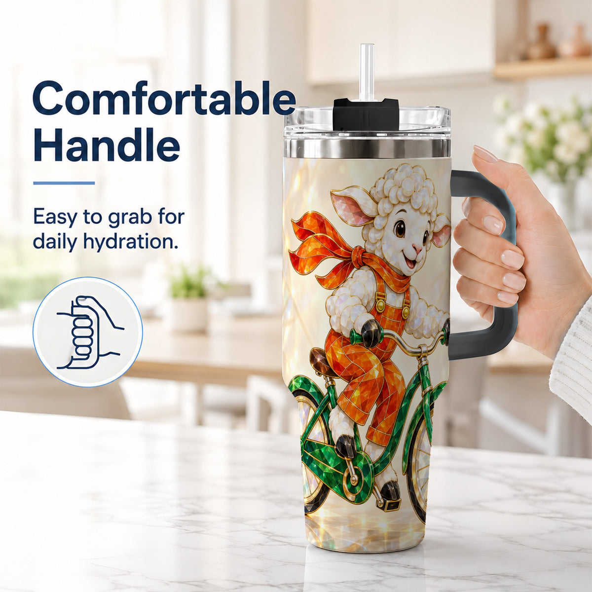 #pl[40oz|Black] Crystal Cycling Lamb 40oz Tumbler with Handle, Stainless Steel Travel Cup