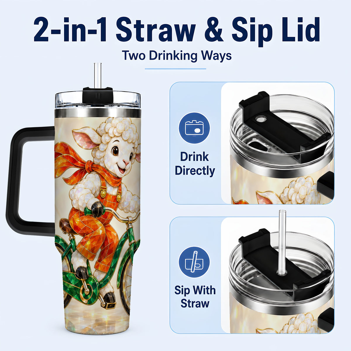 #pl[40oz|Black] Crystal Cycling Lamb 40oz Tumbler with Handle, Stainless Steel Travel Cup