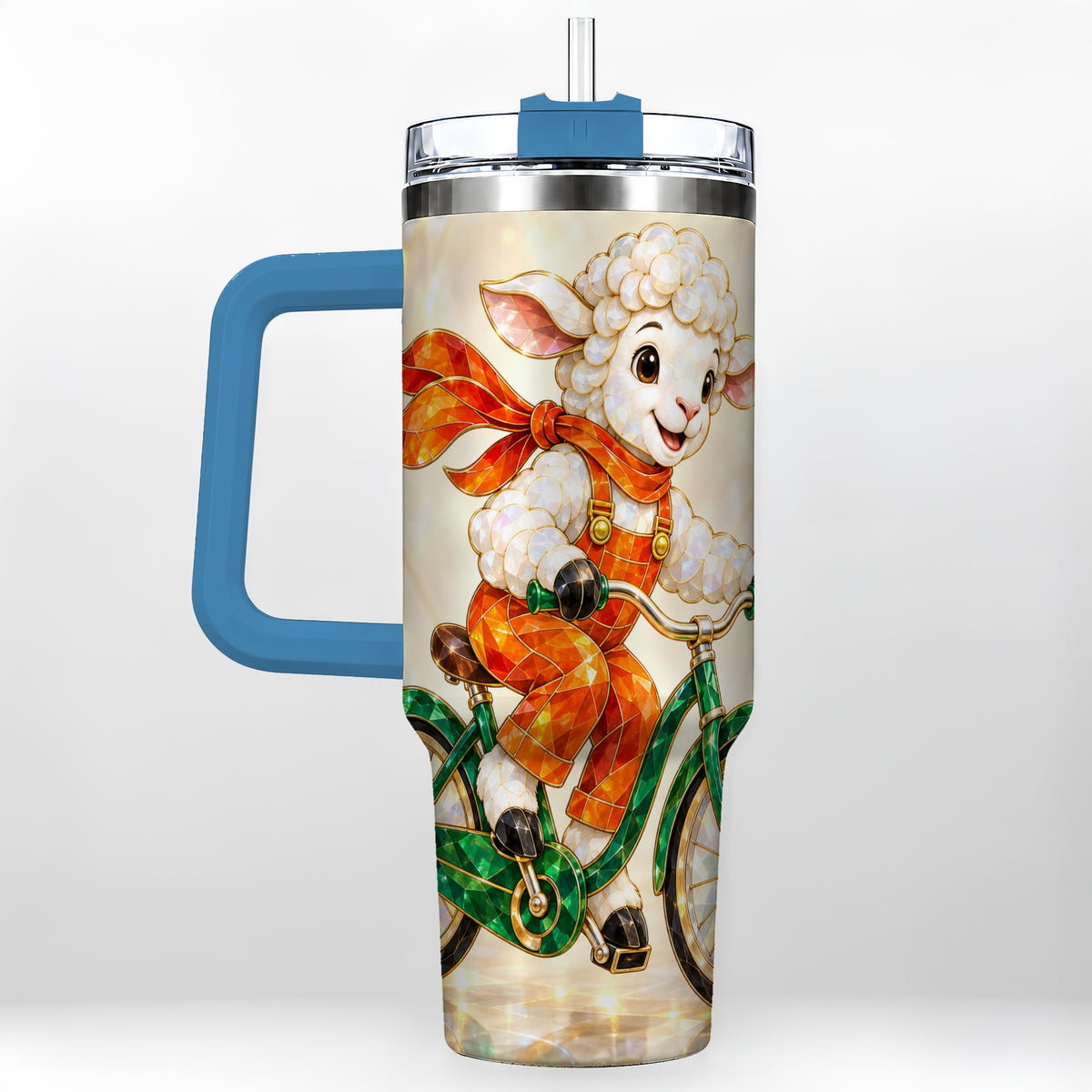 #pl[40oz|Blue] Crystal Cycling Lamb 40oz Tumbler with Handle, Stainless Steel Travel Cup