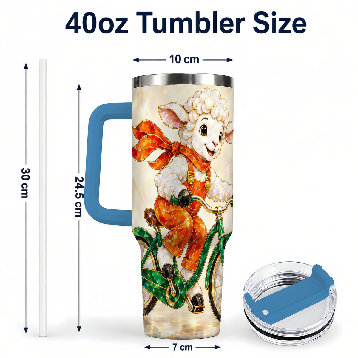 #pl[40oz|Blue] Crystal Cycling Lamb 40oz Tumbler with Handle, Stainless Steel Travel Cup