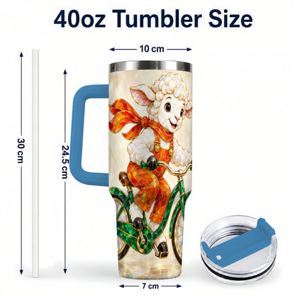#pl[40oz|Blue] Crystal Cycling Lamb 40oz Tumbler with Handle, Stainless Steel Travel Cup