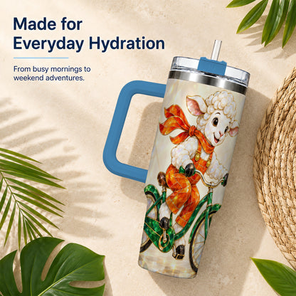 #pl[40oz|Blue] Crystal Cycling Lamb 40oz Tumbler with Handle, Stainless Steel Travel Cup