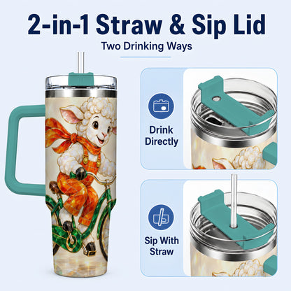 #pl[40oz|Green] Crystal Cycling Lamb 40oz Tumbler with Handle, Stainless Steel Travel Cup