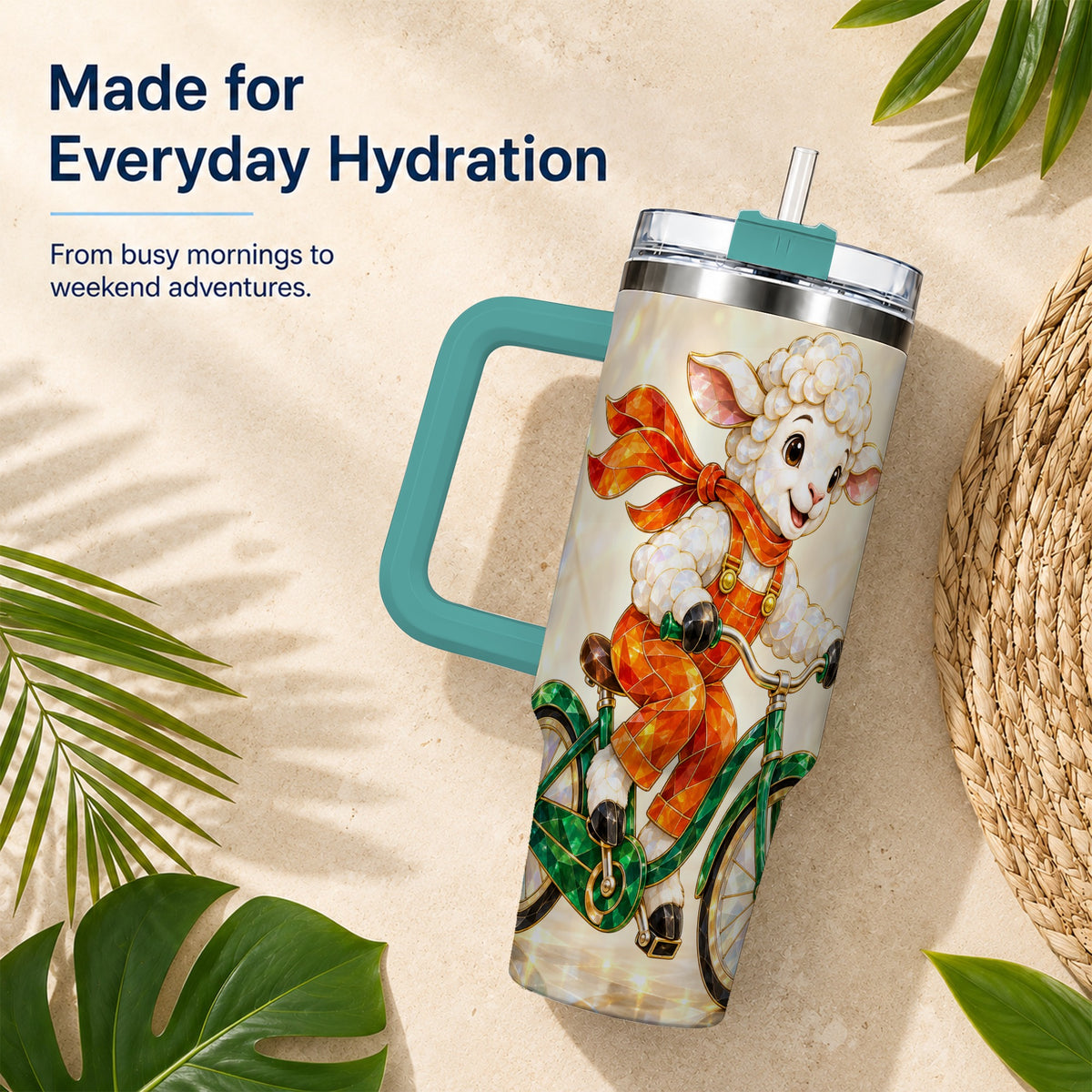 #pl[40oz|Green] Crystal Cycling Lamb 40oz Tumbler with Handle, Stainless Steel Travel Cup
