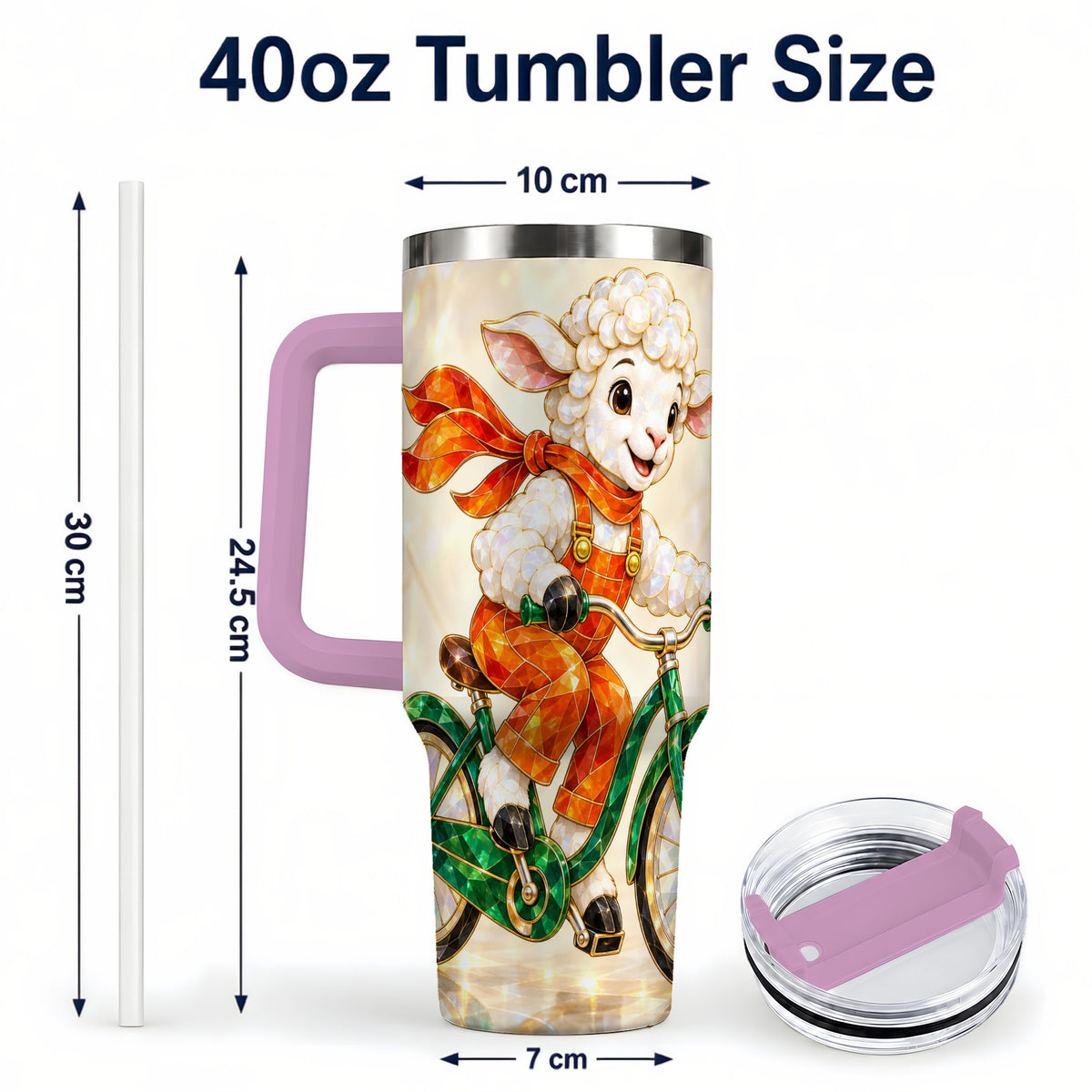 #pl[40oz|Pink] Crystal Cycling Lamb 40oz Tumbler with Handle, Stainless Steel Travel Cup