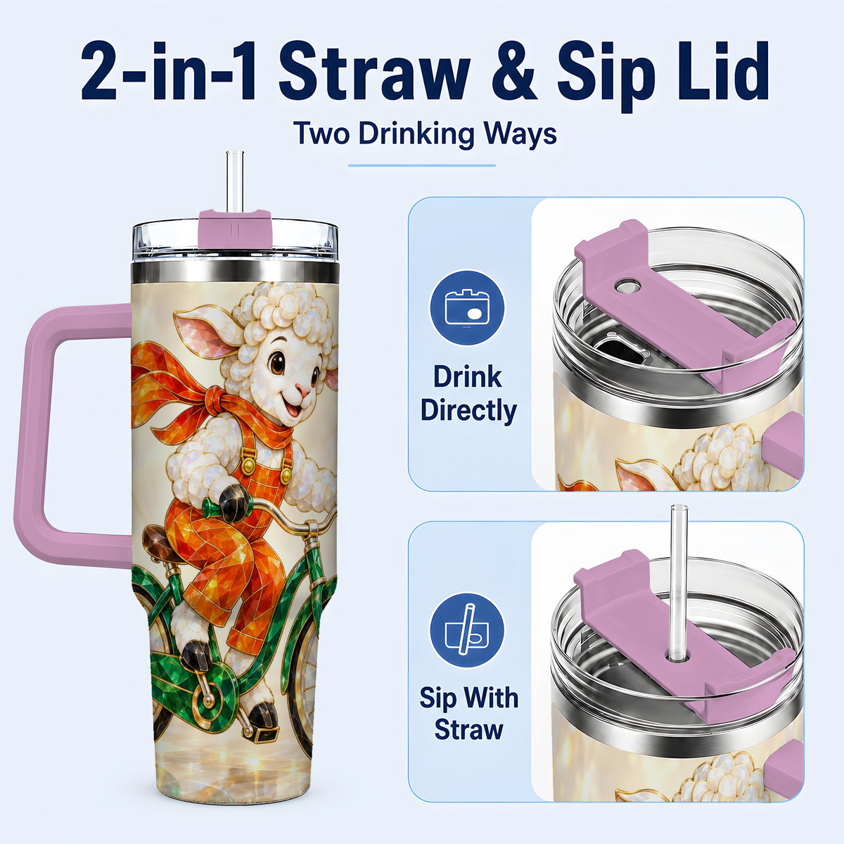 #pl[40oz|Pink] Crystal Cycling Lamb 40oz Tumbler with Handle, Stainless Steel Travel Cup