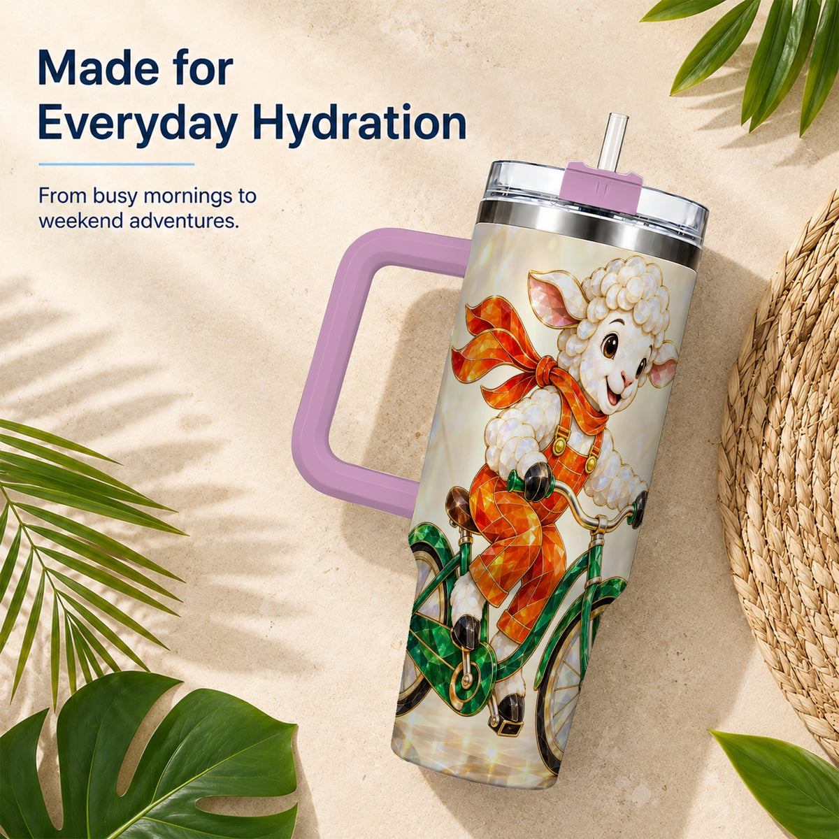 #pl[40oz|Pink] Crystal Cycling Lamb 40oz Tumbler with Handle, Stainless Steel Travel Cup