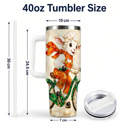 #pl[40oz|White] Crystal Cycling Lamb 40oz Tumbler with Handle, Stainless Steel Travel Cup