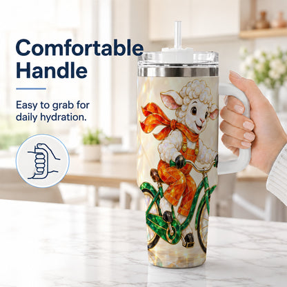 #pl[40oz|White] Crystal Cycling Lamb 40oz Tumbler with Handle, Stainless Steel Travel Cup