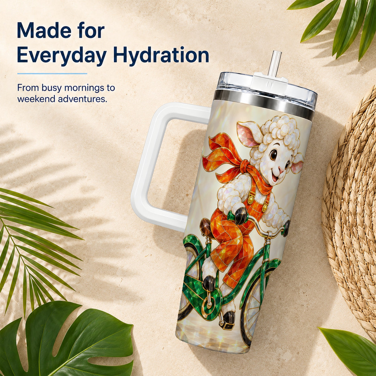 #pl[40oz|White] Crystal Cycling Lamb 40oz Tumbler with Handle, Stainless Steel Travel Cup