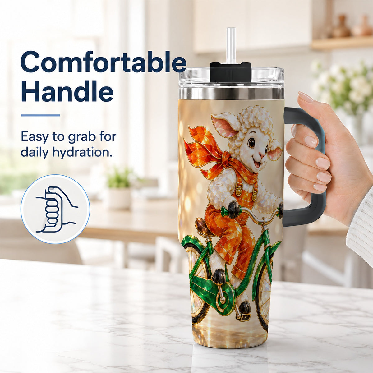 #pl[40oz|Black] Cycling Lamb 40oz Tumbler with Handle, Cute Sheep Stainless Steel Cup