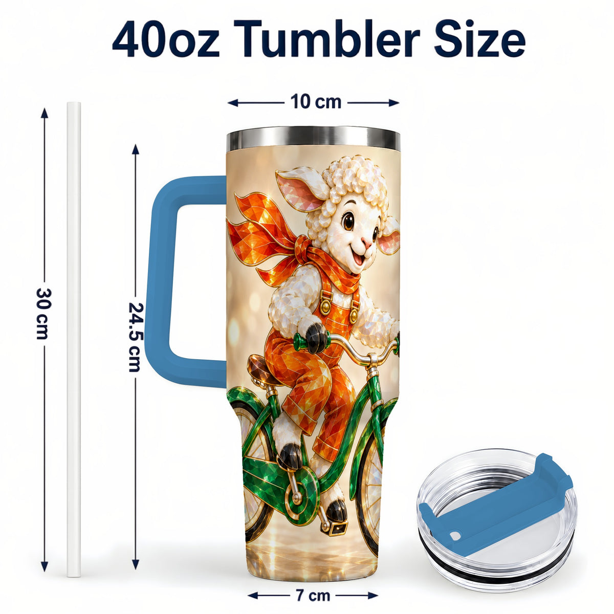 #pl[40oz|Blue] Cycling Lamb 40oz Tumbler with Handle, Cute Sheep Stainless Steel Cup