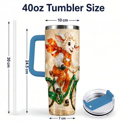 #pl[40oz|Blue] Cycling Lamb 40oz Tumbler with Handle, Cute Sheep Stainless Steel Cup