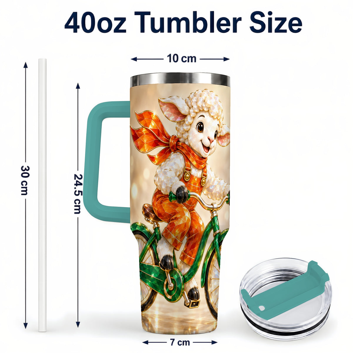 #pl[40oz|Green] Cycling Lamb 40oz Tumbler with Handle, Cute Sheep Stainless Steel Cup