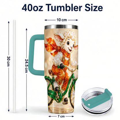 #pl[40oz|Green] Cycling Lamb 40oz Tumbler with Handle, Cute Sheep Stainless Steel Cup