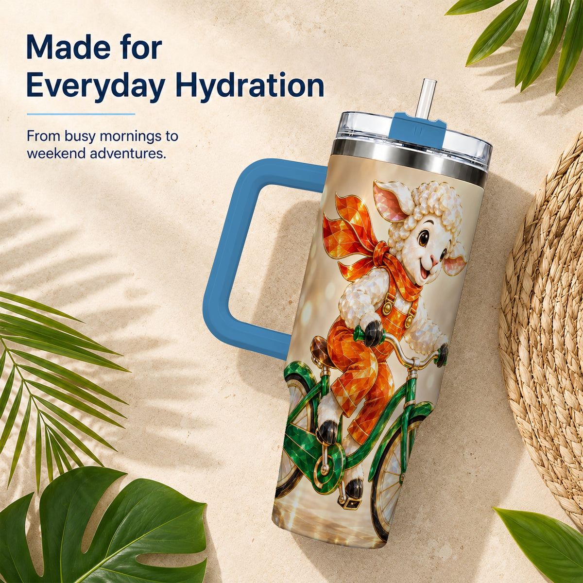 #pl[40oz|Blue] Cycling Lamb 40oz Tumbler with Handle, Cute Sheep Stainless Steel Cup