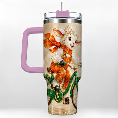 #pl[40oz|Pink] Cycling Lamb 40oz Tumbler with Handle, Cute Sheep Stainless Steel Cup