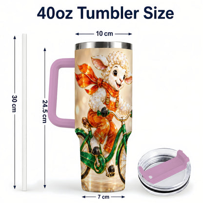 #pl[40oz|Pink] Cycling Lamb 40oz Tumbler with Handle, Cute Sheep Stainless Steel Cup