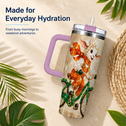 #pl[40oz|Pink] Cycling Lamb 40oz Tumbler with Handle, Cute Sheep Stainless Steel Cup
