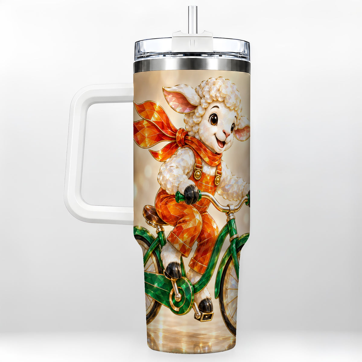 Cycling Lamb 40oz Tumbler with Handle, Cute Sheep Stainless Steel Cup