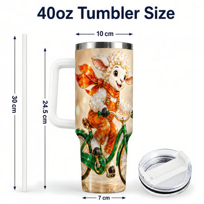 #pl[40oz|White] Cycling Lamb 40oz Tumbler with Handle, Cute Sheep Stainless Steel Cup