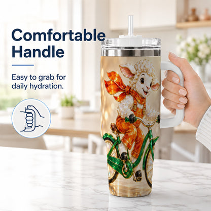 #pl[40oz|White] Cycling Lamb 40oz Tumbler with Handle, Cute Sheep Stainless Steel Cup
