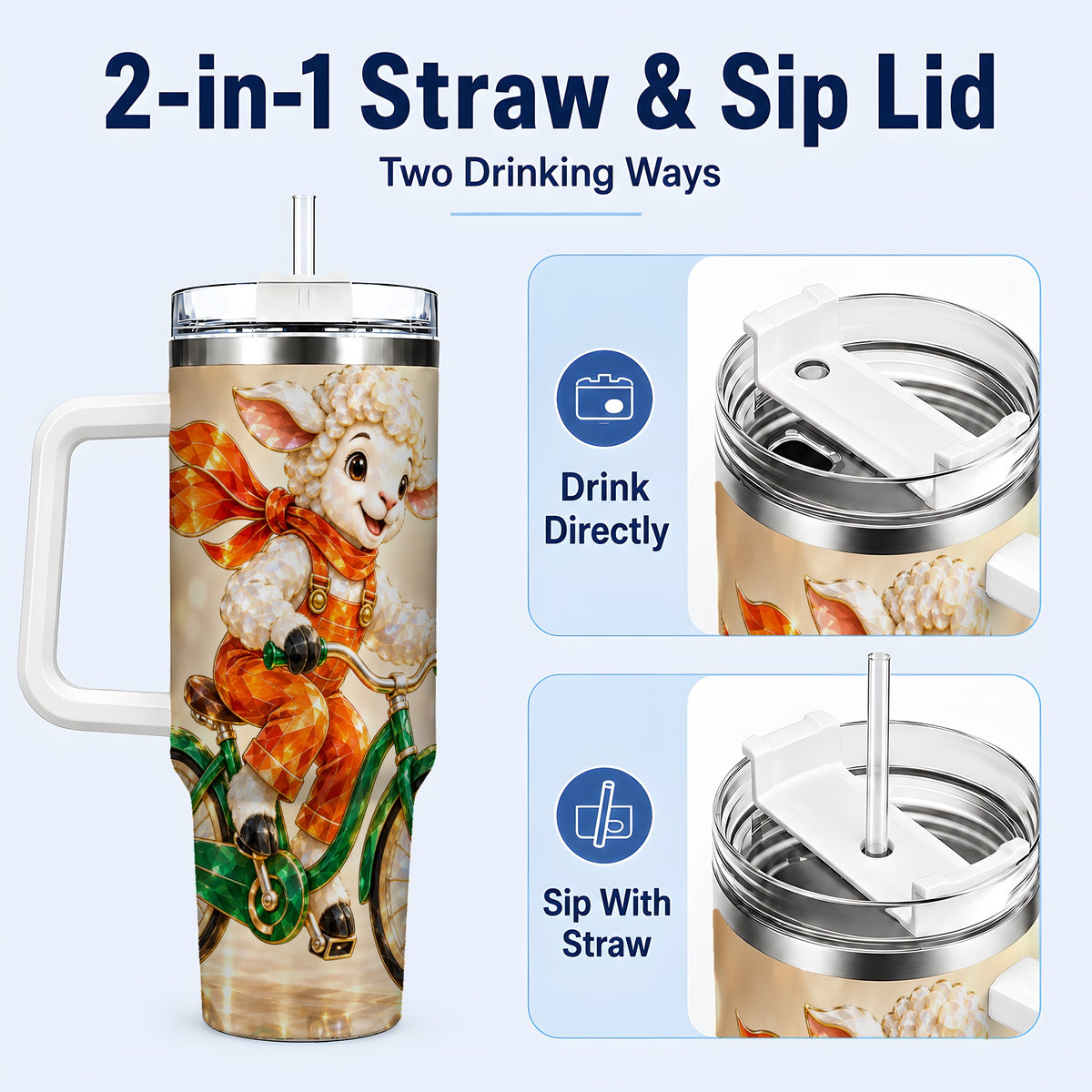 #pl[40oz|White] Cycling Lamb 40oz Tumbler with Handle, Cute Sheep Stainless Steel Cup