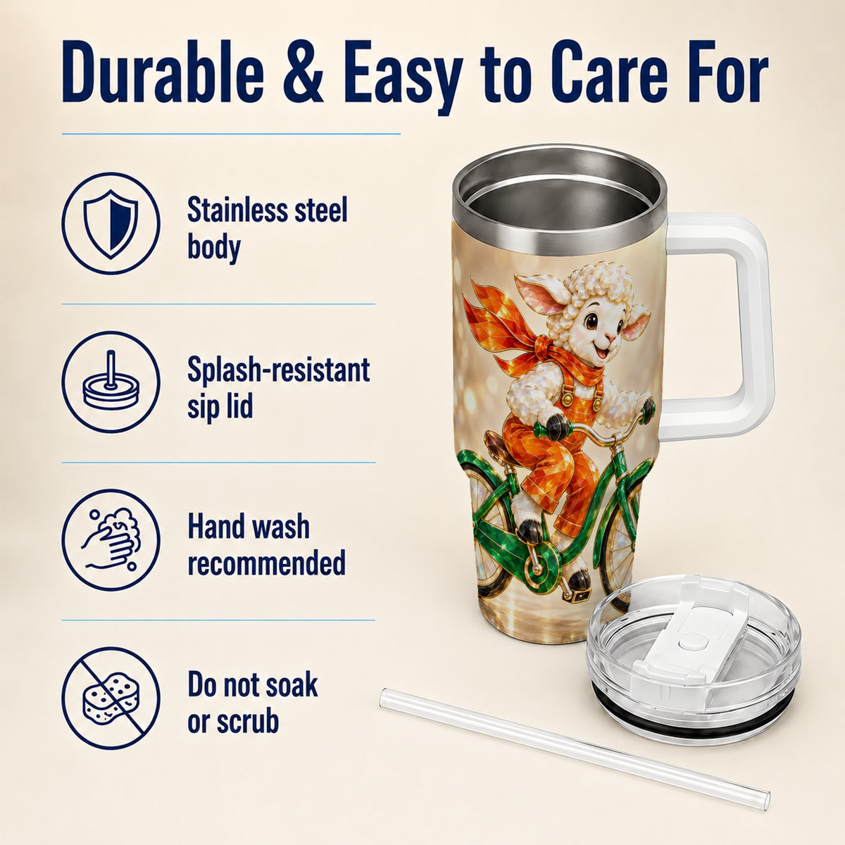 #pl[40oz|White] Cycling Lamb 40oz Tumbler with Handle, Cute Sheep Stainless Steel Cup