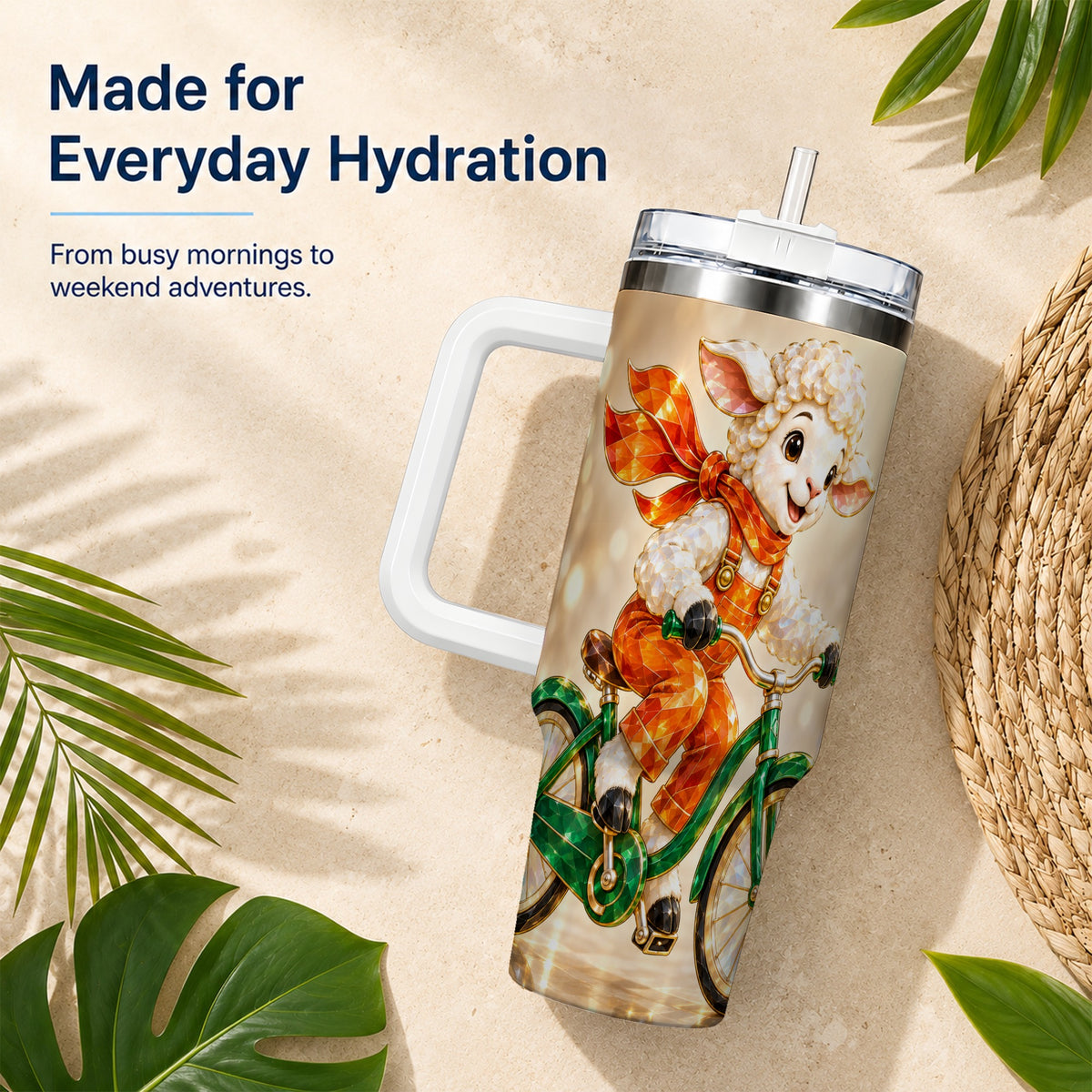 #pl[40oz|White] Cycling Lamb 40oz Tumbler with Handle, Cute Sheep Stainless Steel Cup