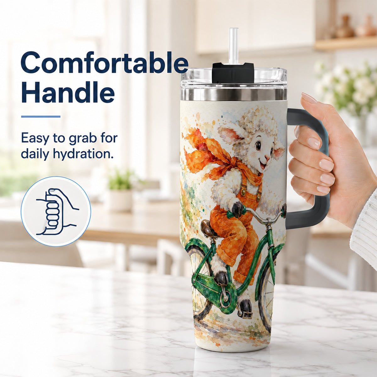 #pl[40oz|Black] Watercolor Lamb 40oz Tumbler with Handle, Cute Sheep Stainless Steel Cup