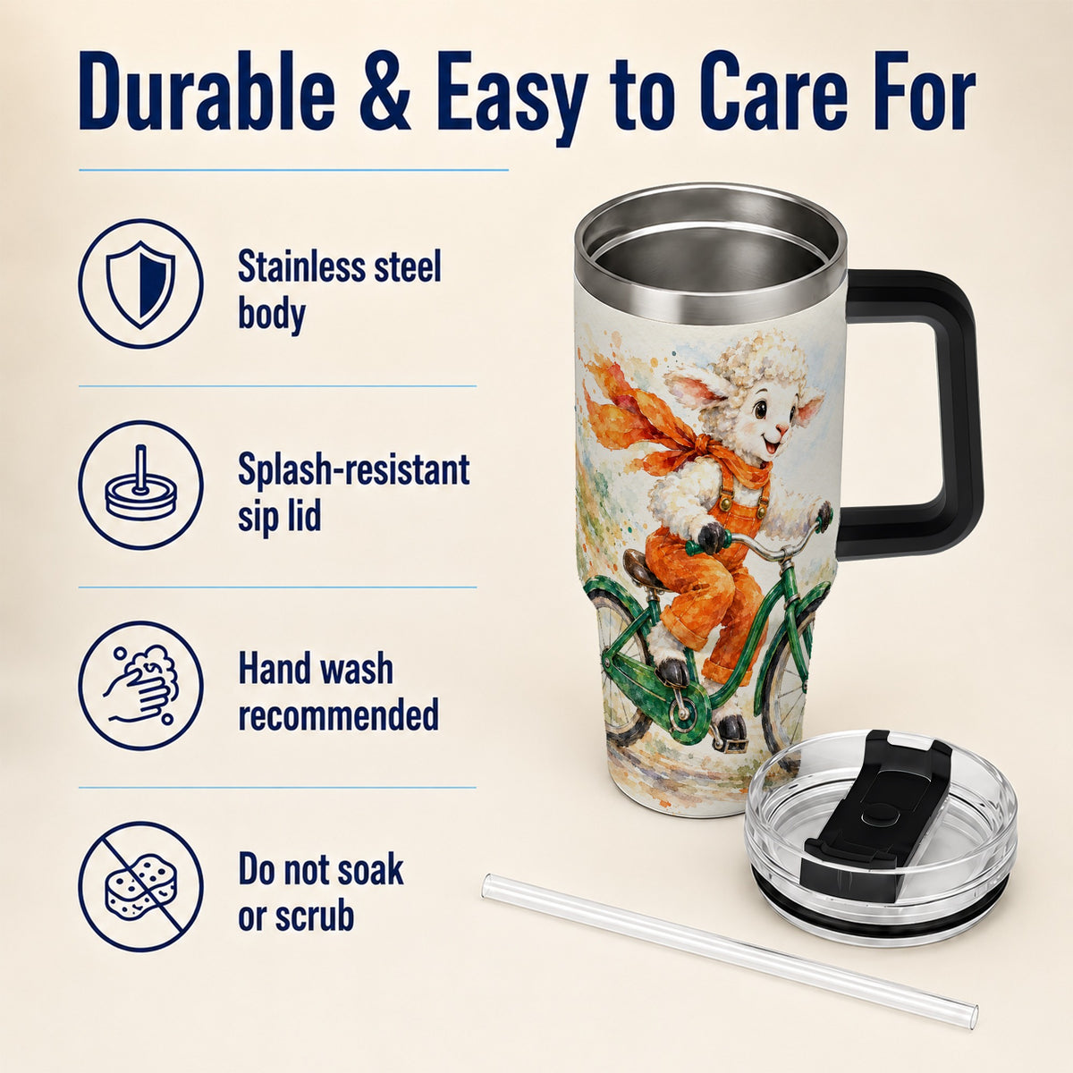 #pl[40oz|Black] Watercolor Lamb 40oz Tumbler with Handle, Cute Sheep Stainless Steel Cup