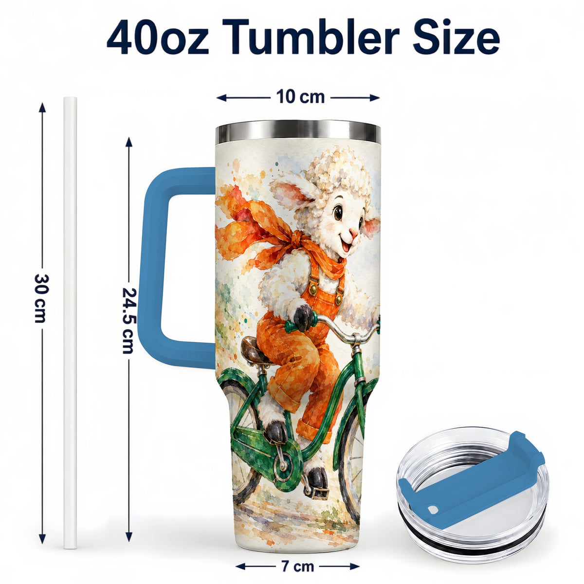 #pl[40oz|Blue] Watercolor Lamb 40oz Tumbler with Handle, Cute Sheep Stainless Steel Cup