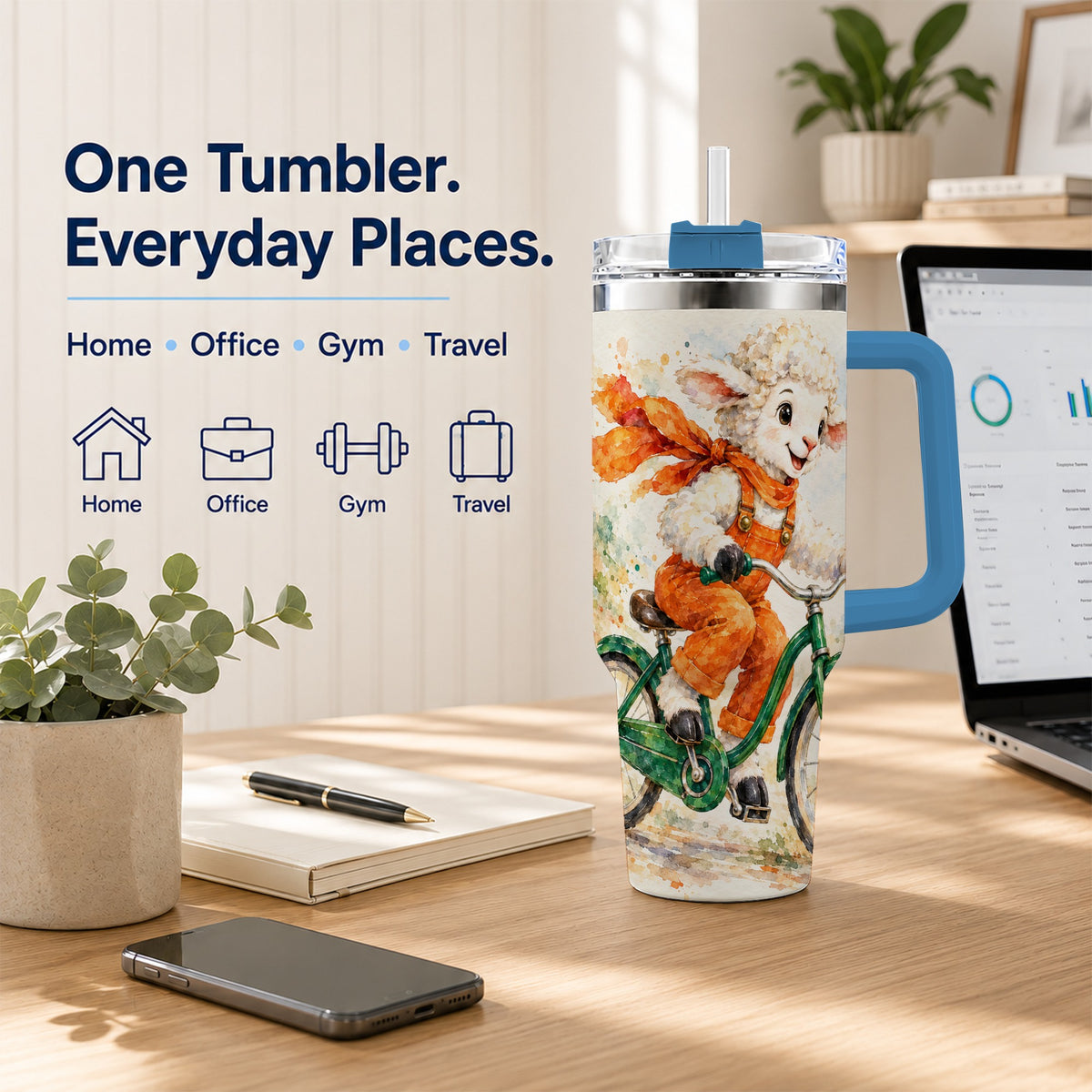 #pl[40oz|Blue] Watercolor Lamb 40oz Tumbler with Handle, Cute Sheep Stainless Steel Cup