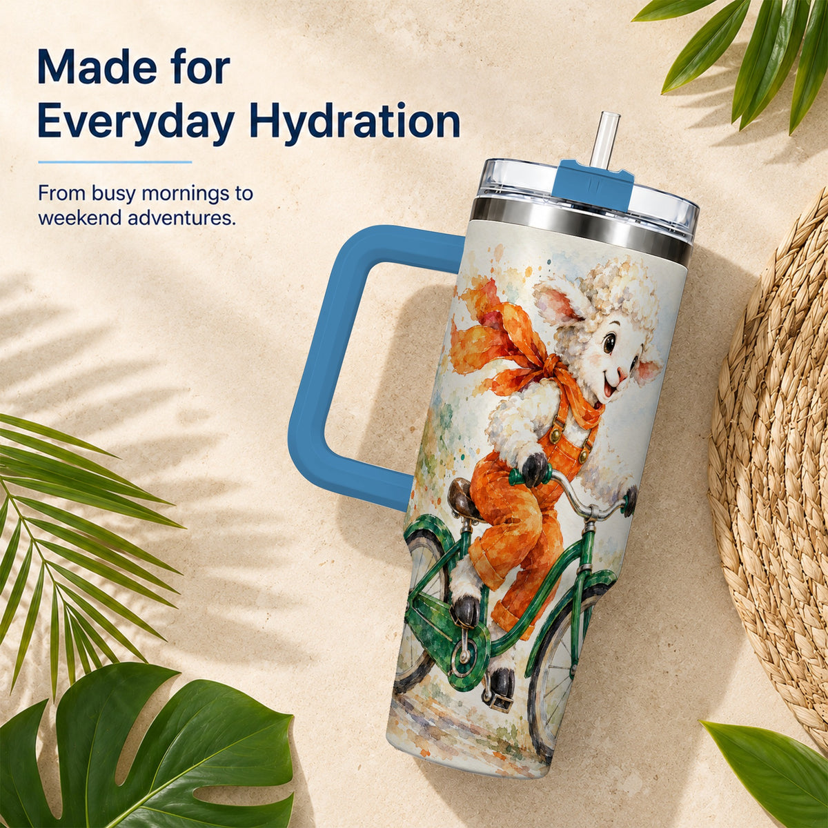 #pl[40oz|Blue] Watercolor Lamb 40oz Tumbler with Handle, Cute Sheep Stainless Steel Cup