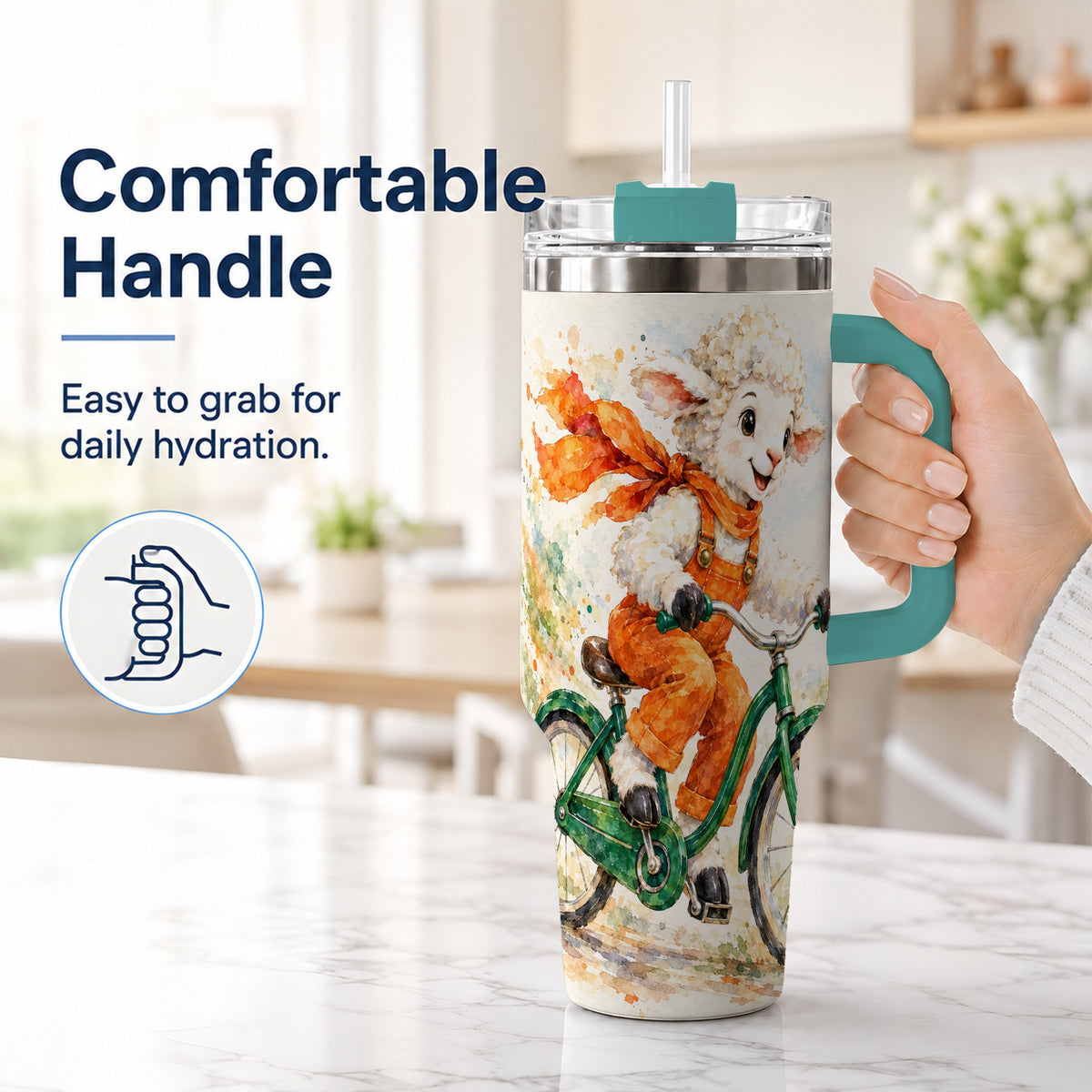 #pl[40oz|Green] Watercolor Lamb 40oz Tumbler with Handle, Cute Sheep Stainless Steel Cup