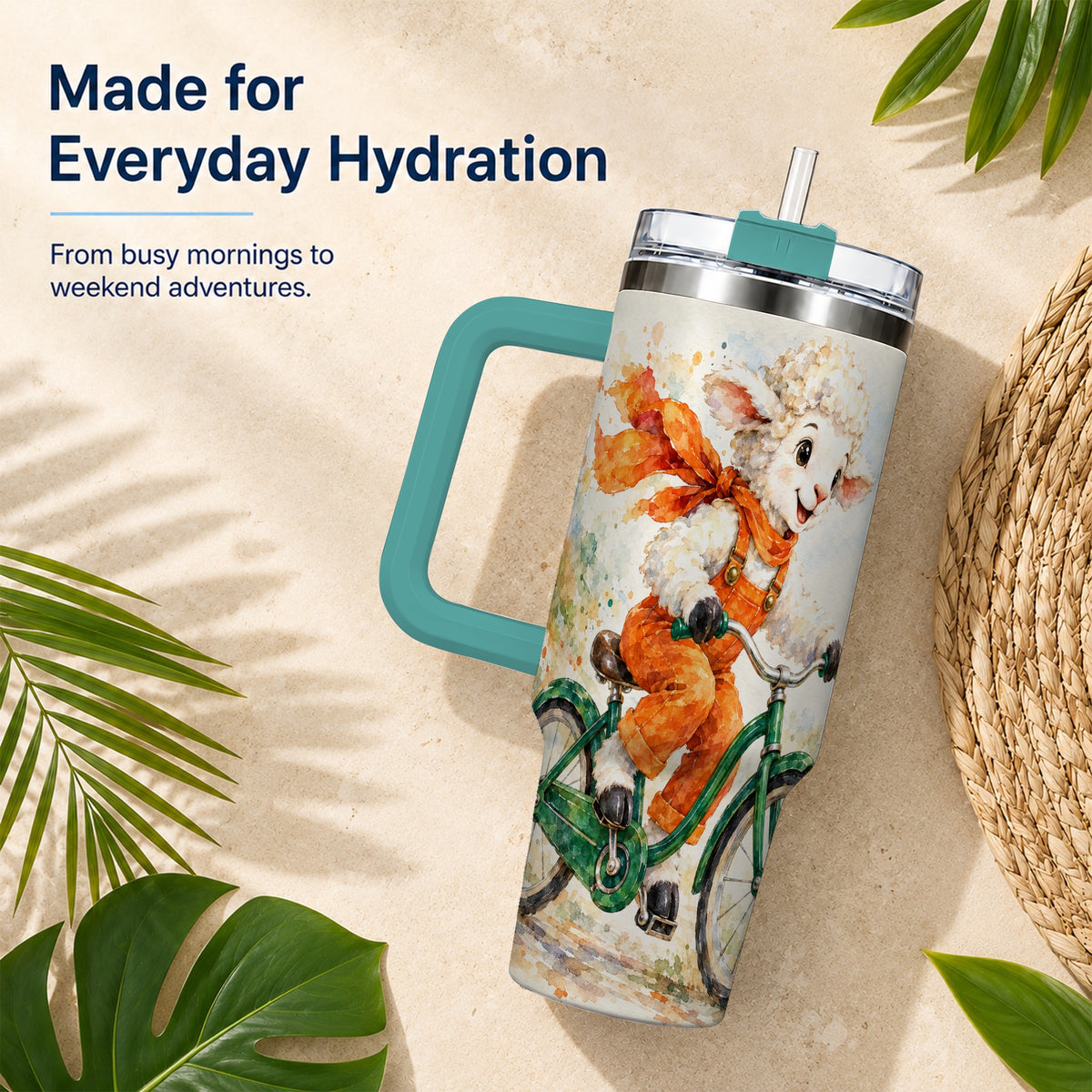 #pl[40oz|Green] Watercolor Lamb 40oz Tumbler with Handle, Cute Sheep Stainless Steel Cup