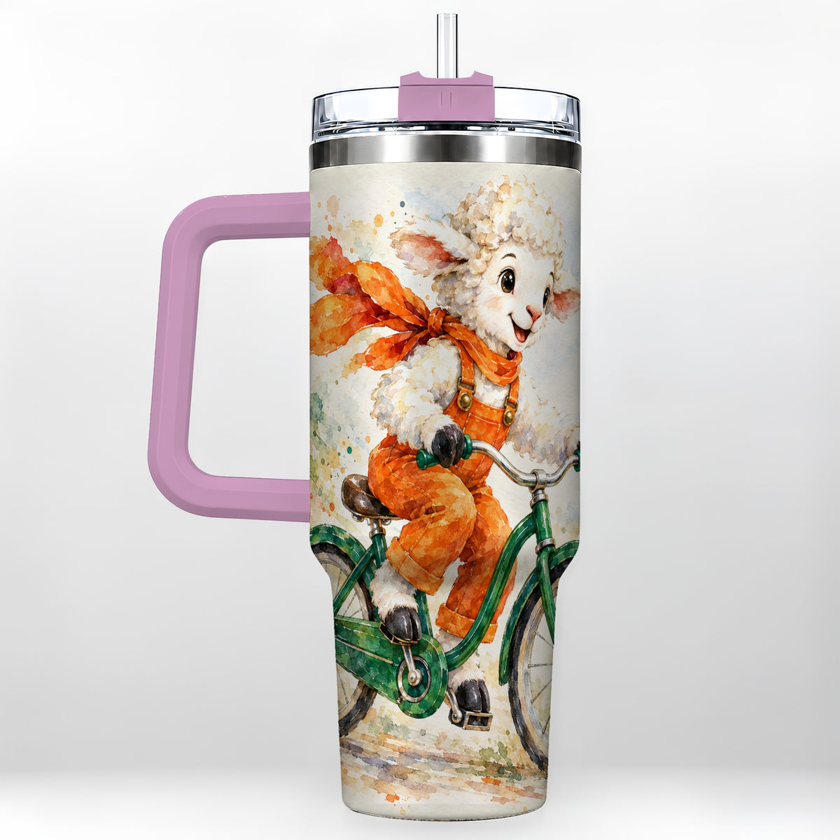 #pl[40oz|Pink] Watercolor Lamb 40oz Tumbler with Handle, Cute Sheep Stainless Steel Cup