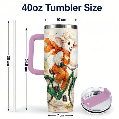 #pl[40oz|Pink] Watercolor Lamb 40oz Tumbler with Handle, Cute Sheep Stainless Steel Cup