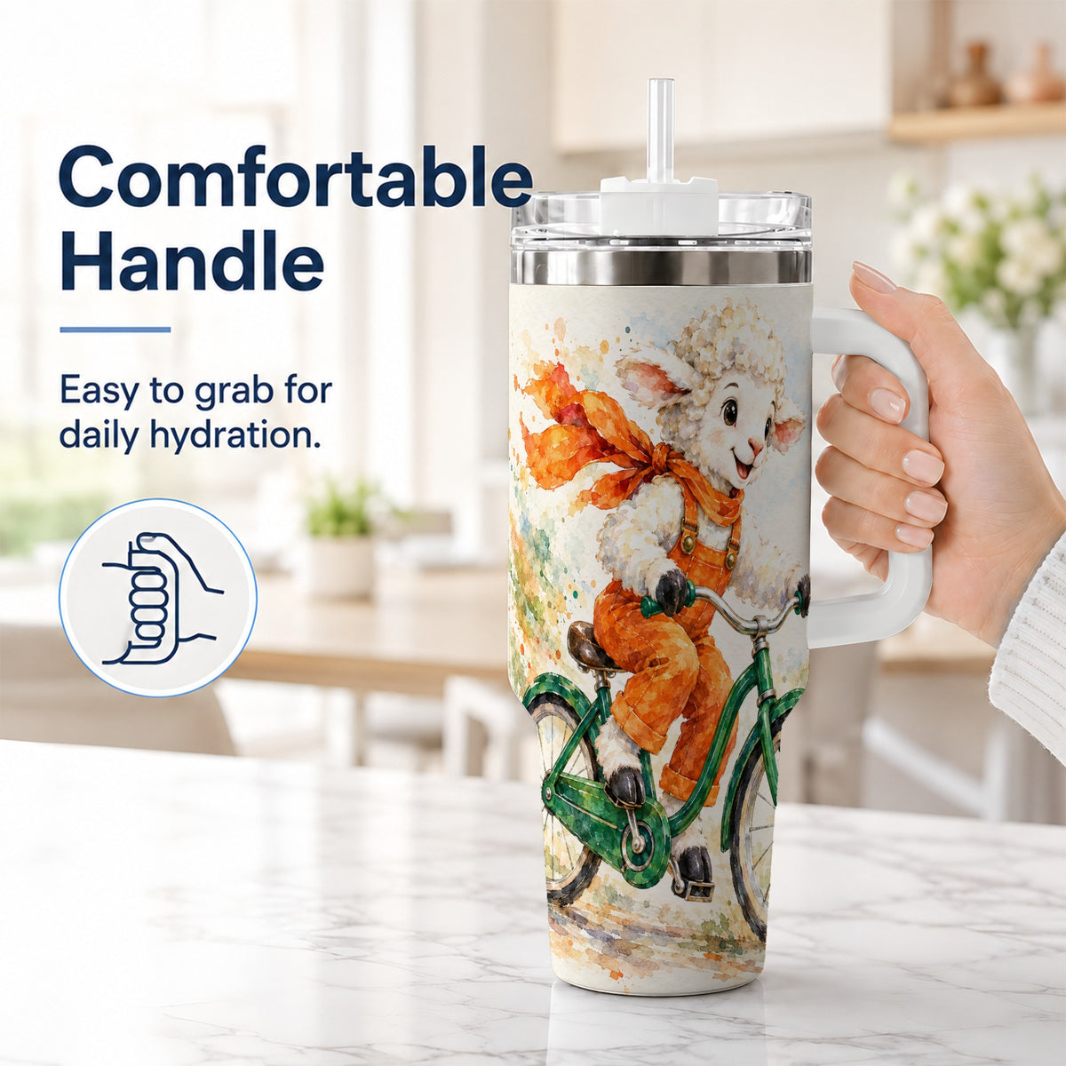 #pl[40oz|White] Watercolor Lamb 40oz Tumbler with Handle, Cute Sheep Stainless Steel Cup