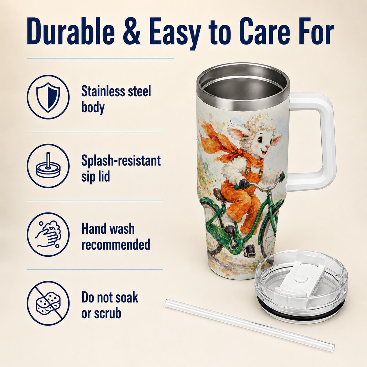 #pl[40oz|White] Watercolor Lamb 40oz Tumbler with Handle, Cute Sheep Stainless Steel Cup