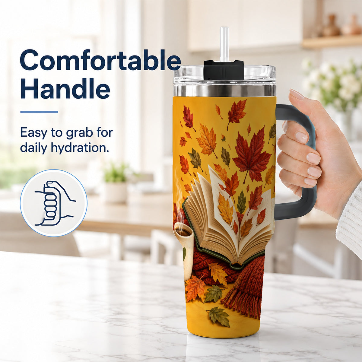 #pl[40oz|Black] Autumn Reading 40oz Tumbler with Handle, Cozy Book Stainless Steel Cup