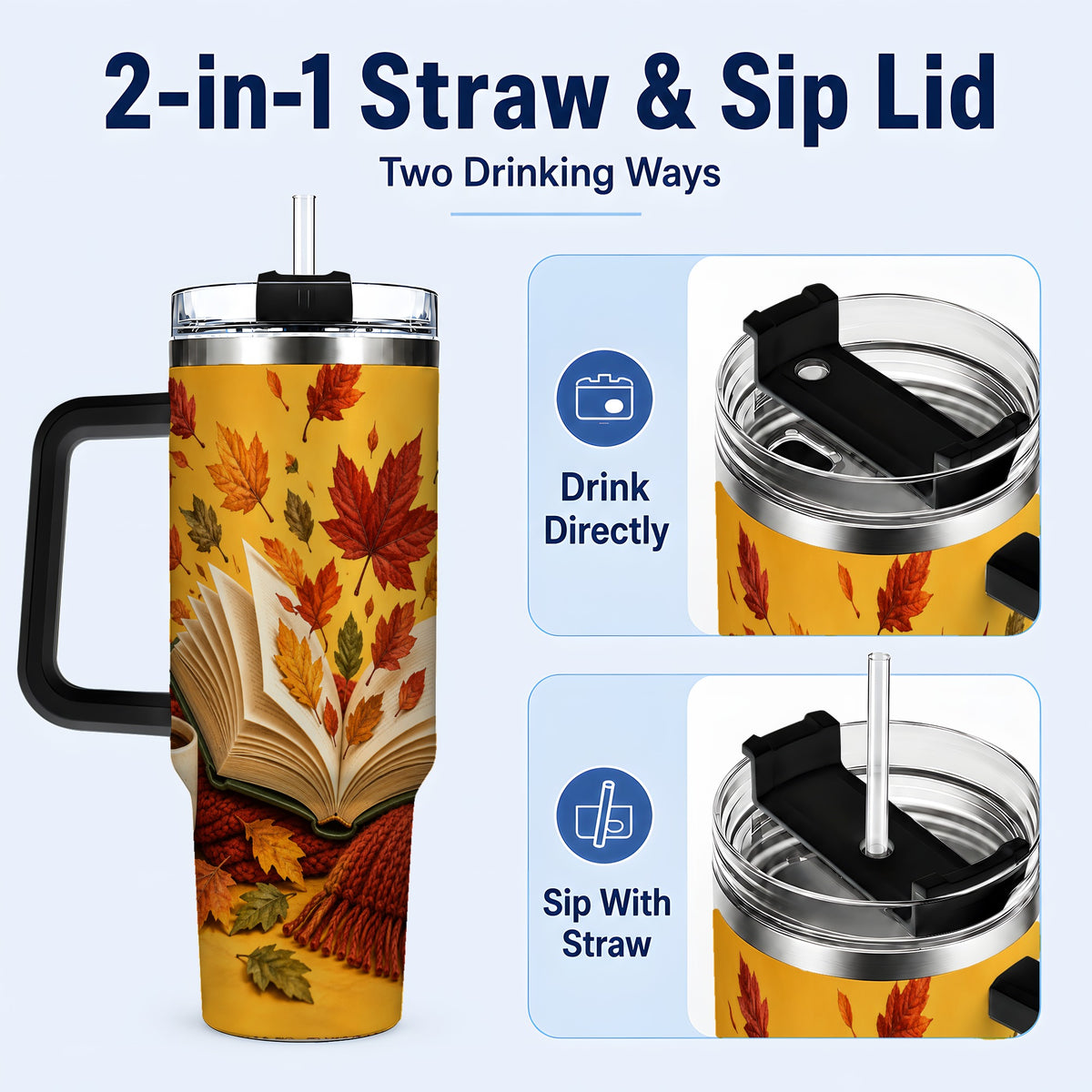 #pl[40oz|Black] Autumn Reading 40oz Tumbler with Handle, Cozy Book Stainless Steel Cup