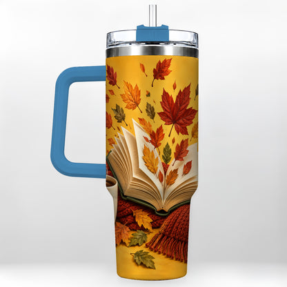 #pl[40oz|Blue] Autumn Reading 40oz Tumbler with Handle, Cozy Book Stainless Steel Cup