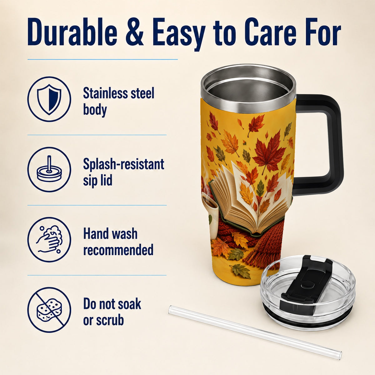 #pl[40oz|Black] Autumn Reading 40oz Tumbler with Handle, Cozy Book Stainless Steel Cup