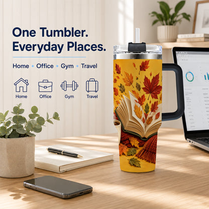 #pl[40oz|Black] Autumn Reading 40oz Tumbler with Handle, Cozy Book Stainless Steel Cup